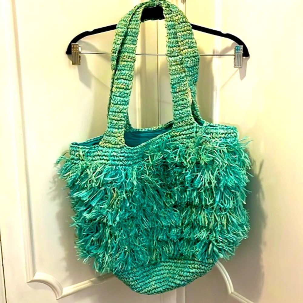Straw raffia green blue shoulder tote bag